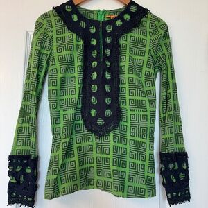 Tory Burch Green and Navy Linen Blouse